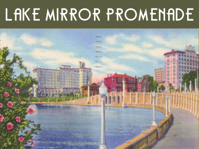Circa 1950s postcard view of Lake Mirror and the Lake Mirror Promenade with text "Lake Mirror Promenade"; link to Lakeland Public Library "Lake Mirror Promenade" story map