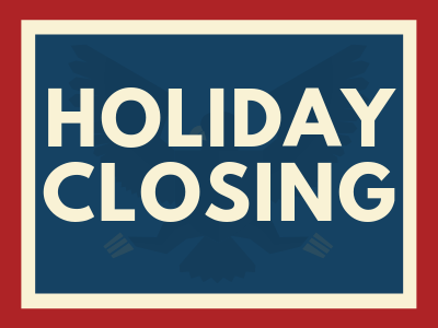 Eagle on blue background with cream and white borders with text Holiday Closing