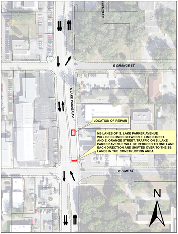 Map of mahole repairs at Northbound S Lake Parker Avenue between Lime and Orange Streets (info in blog)