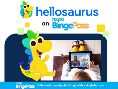 Hellosaurus logo on hoopla BingePass; link to hoopla digital online catalog