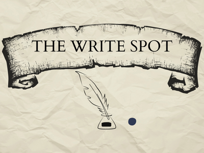 Scroll with feather pen in inkwell and spot of ink and text The Write Spot