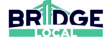 A logo for the company BRIDGE LOCAL. In black text is the word BRIDGE, with the i as the center of a bridge to make the word look like part of a bridge. Underneath is a green rectangle underlining the bridge, and inside is the word local in white text.