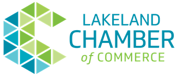 This is the logo for the Lakeland Chamber of Commerce. It is the words Lakeland Chamber (blue) of Commerce (green) in sans serif text. To the left of the words is a stylized 'C' made up of an array of blue and green triangles.