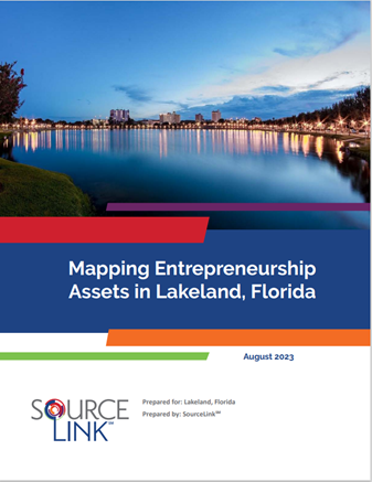 This is a .pdf of the August 2023 Mapping Entrepreneurship Assets in Lakeland, FL. There is an image of Lake Mirror as the sun sets. Orange lights from the buidlings twinkle and contrast with the blue of the setting sky.