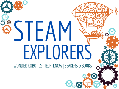 Interlocking gears and dirigible illustration with text STEAM Explorers; wonder robotics, tech-know, beakers and books