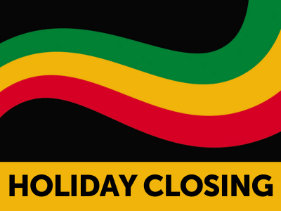 Red, yellow, and green swirl on black background with text Holiday Closing