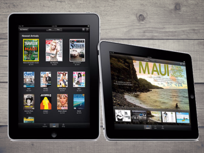 Two tablet devices with magazine apps open; link to Magazines page