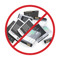 pile of cell phone batteries with "NO" symbol