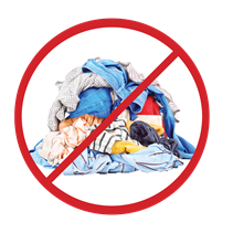 pile of clothes with "NO" symbol