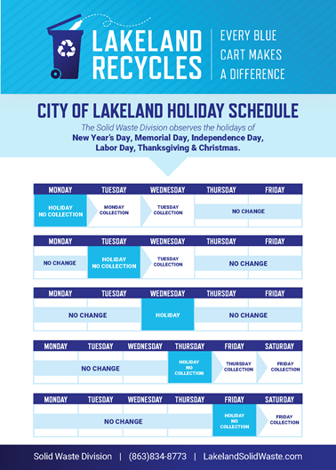 Lakeland Recycles Solid Waste Holiday Schedule calendar (all info is on this page below)