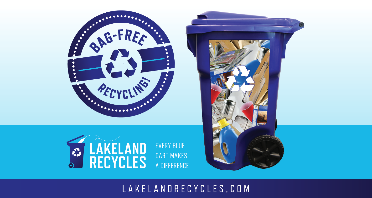 Blue recycling cart for Bag-Free Recycing with lakelandrecycles.com.