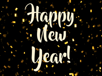 Gold confetti on black background with text Happy New Year!