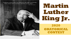 Photo of Martin luther King Jr. sitting and looking off in the distance - 2020 Oratorical contest poster