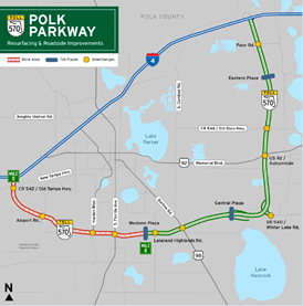 Map of affected area of Polk Parkway for resurfacing project