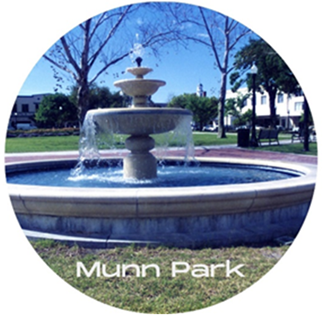 Picture of fountain in Munn Park with text "Munn Park"