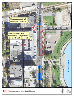 Aerial map of construction on Massachusetts avenue. No northbound left turn onto Cedar; Mass reduced to 2 single lanes