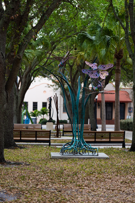 Paul Russell steel sculpture - dragonflies and plants
