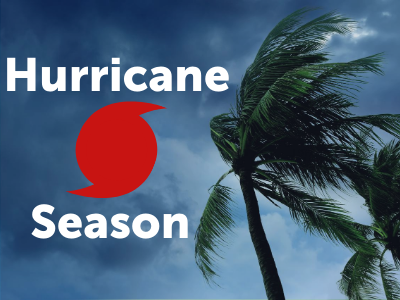 Dark sky with palm tree in breeze and text "Hurricane Season" hurricane icon; Link to NOAA National Hurricane Preparedness websites 