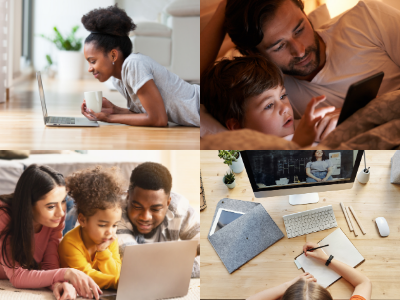 Grid of four photos: from top left clockwise: woman lying on floor using laptop; man and child using tablet device, person writing on paper in front of computer, three people using laptop together