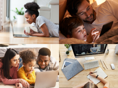 Woman using laptop; man and child using tablet, person writing at computer, three people using laptop