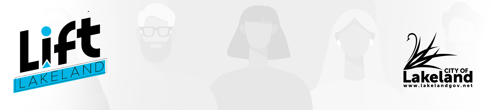 Lift Lakeland and City of Lakeland Logos and illustration of 3 people (black and white)