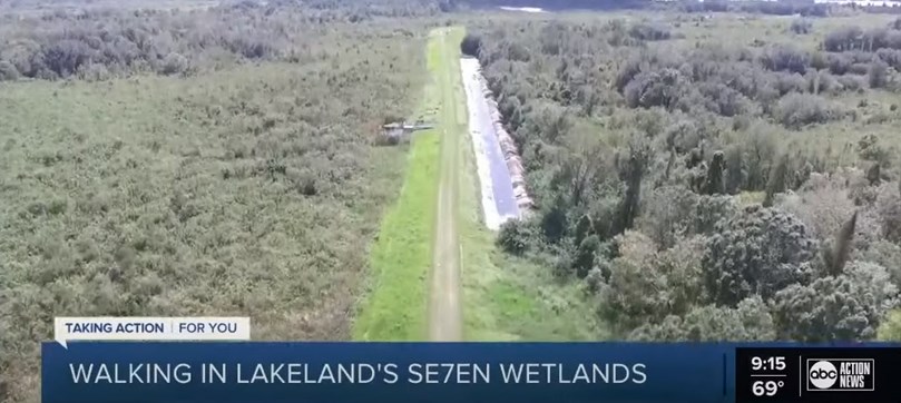 drone photo from above with trees and grass trail