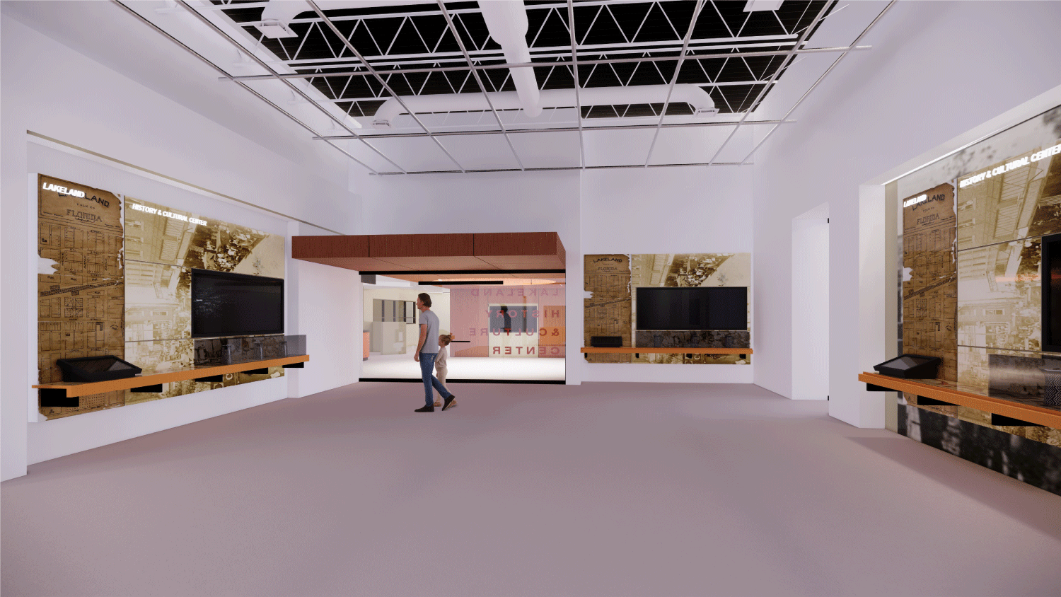 rendering inside lakeland history and culture center - open room with wall displays