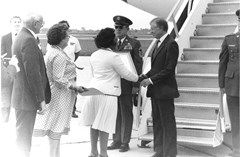 Mayor Carrie Oldham greeting President Jimmy Carter at the Lakeland airport, 1980