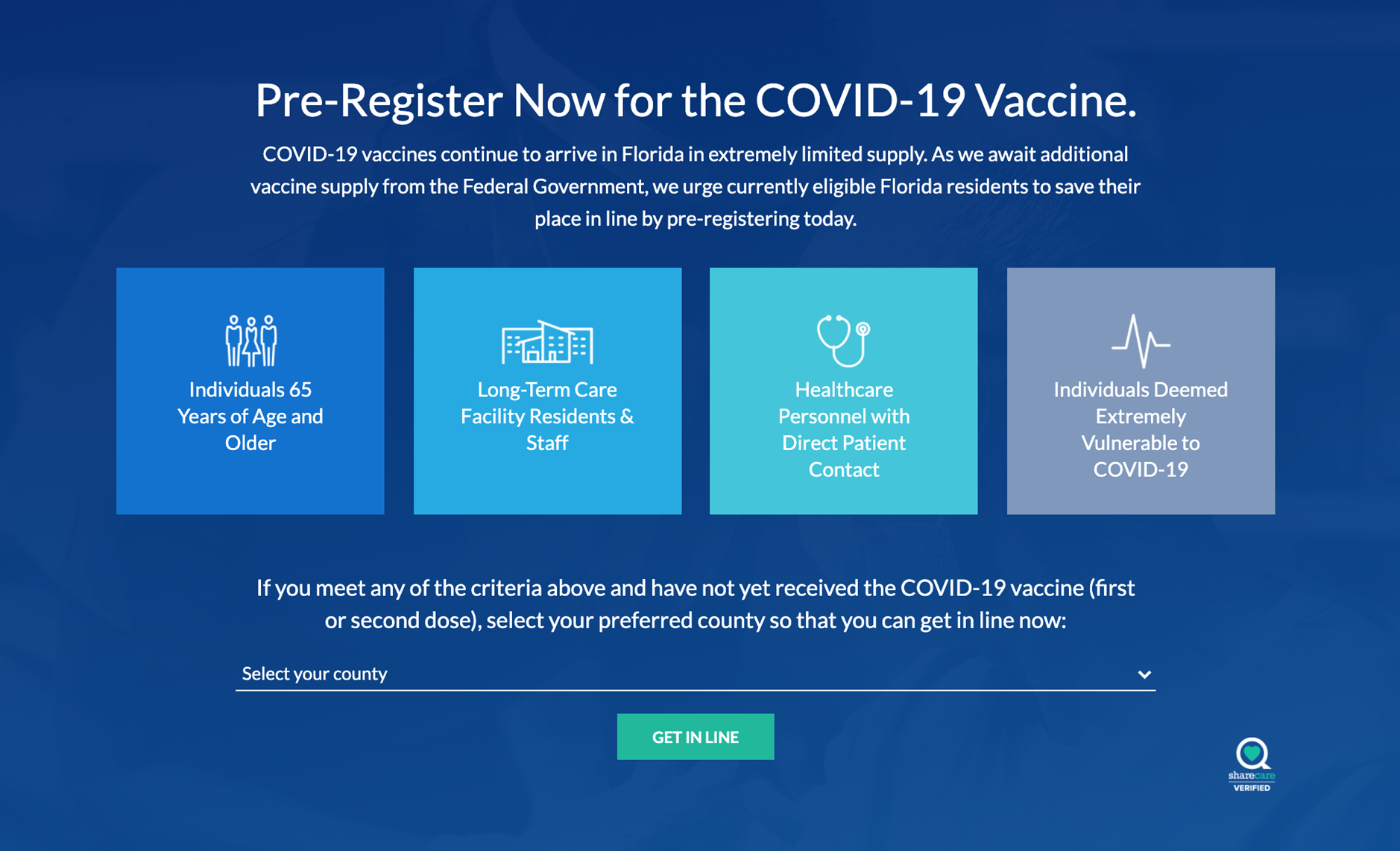 Screenshot of myvaccine.fl.gov website; follow link for registration info