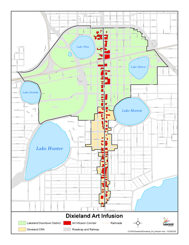 Map of Dixieland Art Infusion district with mural spaces highlighted
