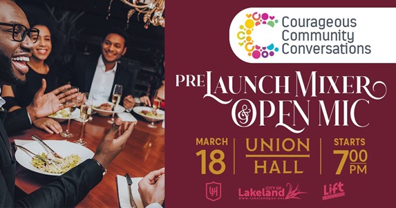 Courageous Community Conversations Event Flyer with people laughing around a table - click for details on the event