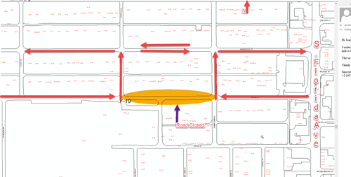 Map of detours around the water main break on Ariana Street