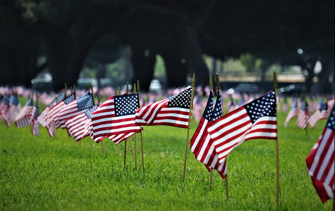 Small American flags staked into grass