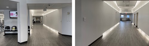 Two photos side by side: Hallway at the Kelly Recreation Complex looking west & looking west. Bare white walls on either side with a drop ceiling above.