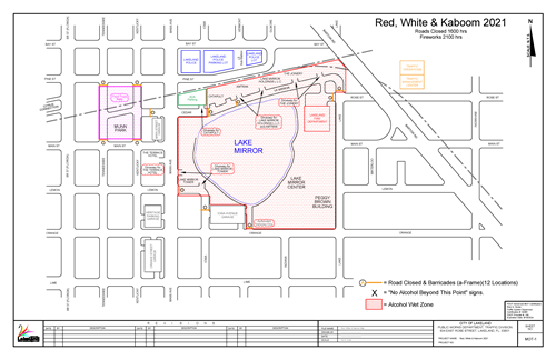 Map of downtown tstreet closures for Red, White & Kaboom - Includes all streets around Lake Mirror