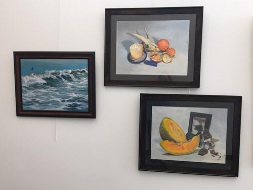 Photos of framed art on the wall at Lake Crago Outdoor Recreation Complex