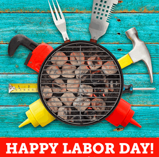 Graphic of a grill with coals, grilling instruments and tools - Happy Labor Day from the City of Lakeland!