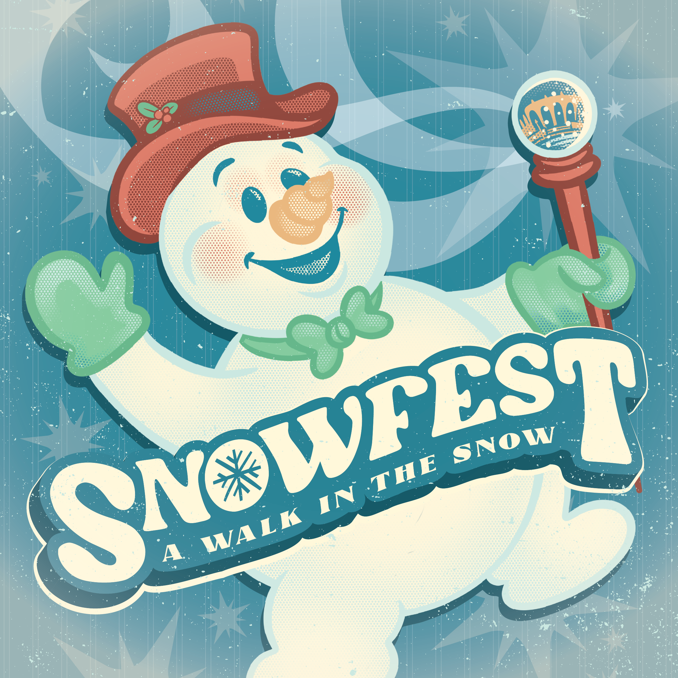 Snowfest event graphic: Snowman with text in the foreground - Snowfest, a walk the Snow.