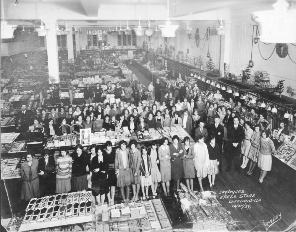 Employees of S.H. Kress and Company, Lakeland, Florida pose for a photograph in the store on Christmas Eve, 1929; link to "Workers of Lakeland" Flickr album