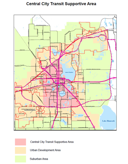 A map of the Central City Transit Supportive Areas