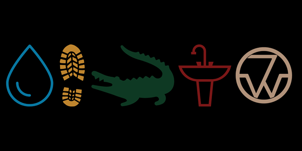 water drop, boot, alligator, sink, 7Ws logo