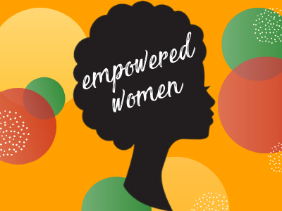 Profile of woman on colorful circles background with text "Empowered Women"