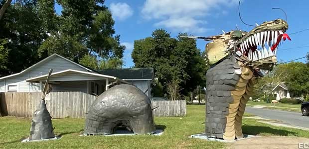 The "Dixieland Dragon" guards the alley along West Park Street behind Hungry Howie's Pizza. The 30-foot long sculpture made from recycled metal was created by Lakeland welder Keith Williams, owner of 4th Dimension Art & Fab.