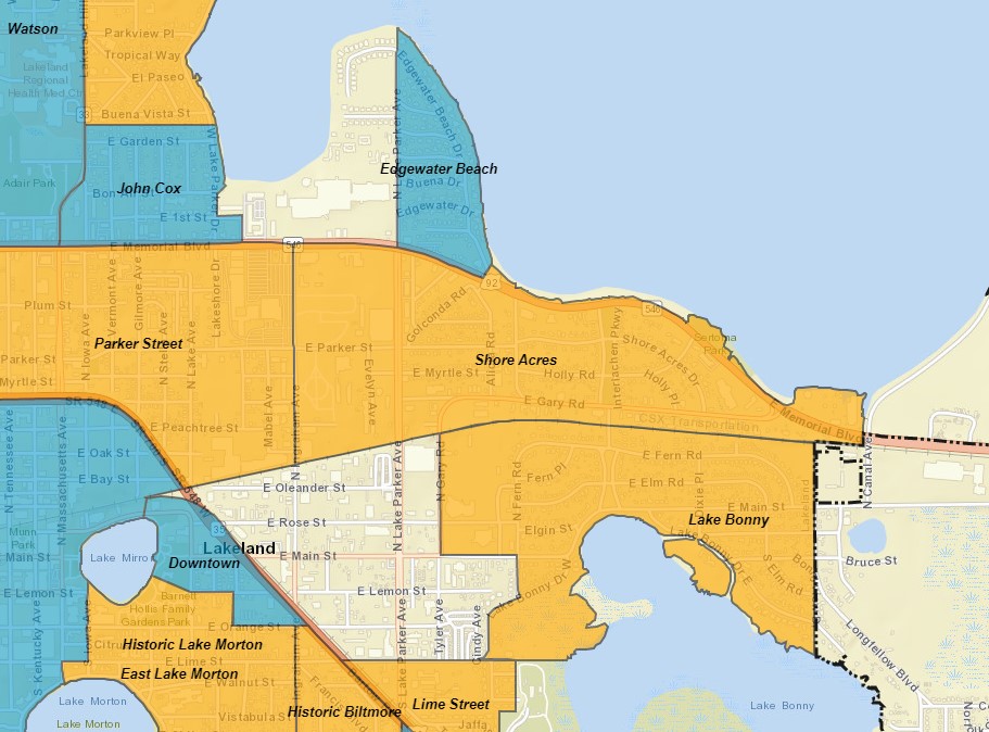 Today, the Shore Acres neighborhood stretches from Ingraham Ave. on the west to Canal Ave. on the east. It is bounded on the south by the CSX railroad tracks, and the north by Memorial Blvd.