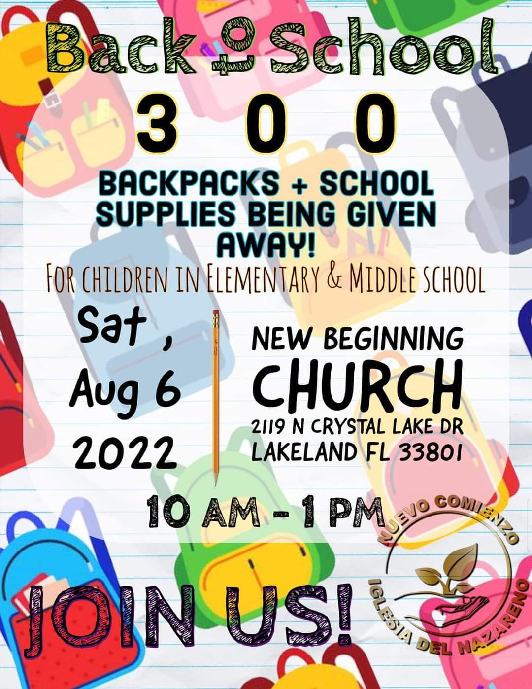 back to school. 300 backpacks and school supplies to be given away. elementary and middle school children.  8-6-22 10a-1p, new beginning church, 2119 n crystal lake dr, join us.