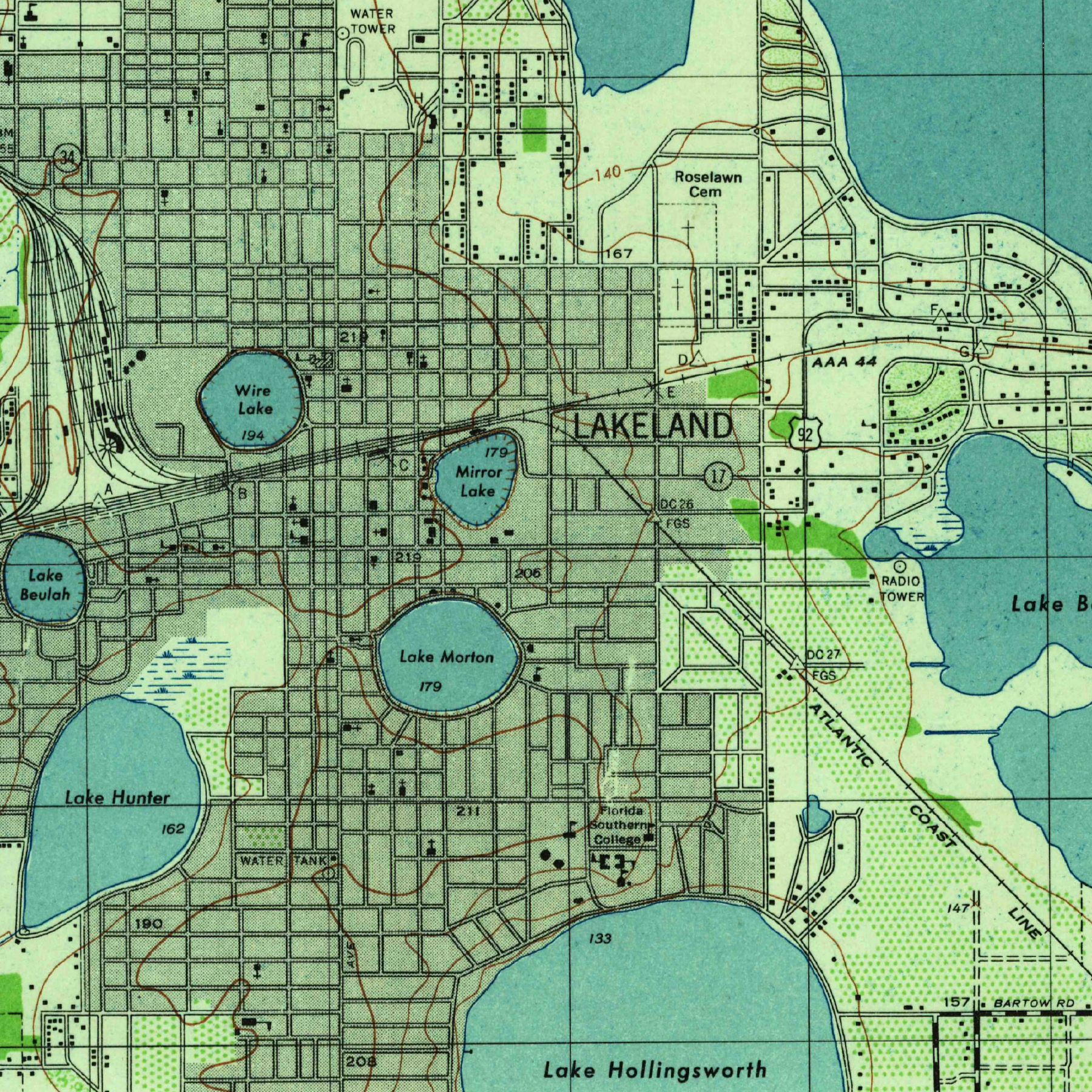 A topographical map of Lakeland in 1944, showing Shore Acres in the upper right corner.  As the small black squares show, there were not many homes yet so neighbors were quite spread out.