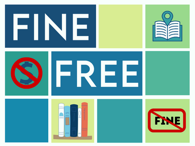 Grid with shelf of books, the word fine behind a no symbol and text "Fine Free"
