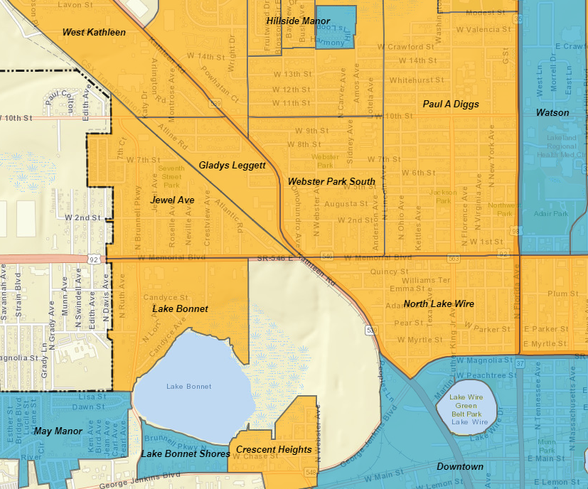 The Gladys Leggett neighborhood is bounded by Kathleen Rd. on the east and northeast and W. 10th Street to the north. The southwestern edge is defined  by the CSX railroad track.