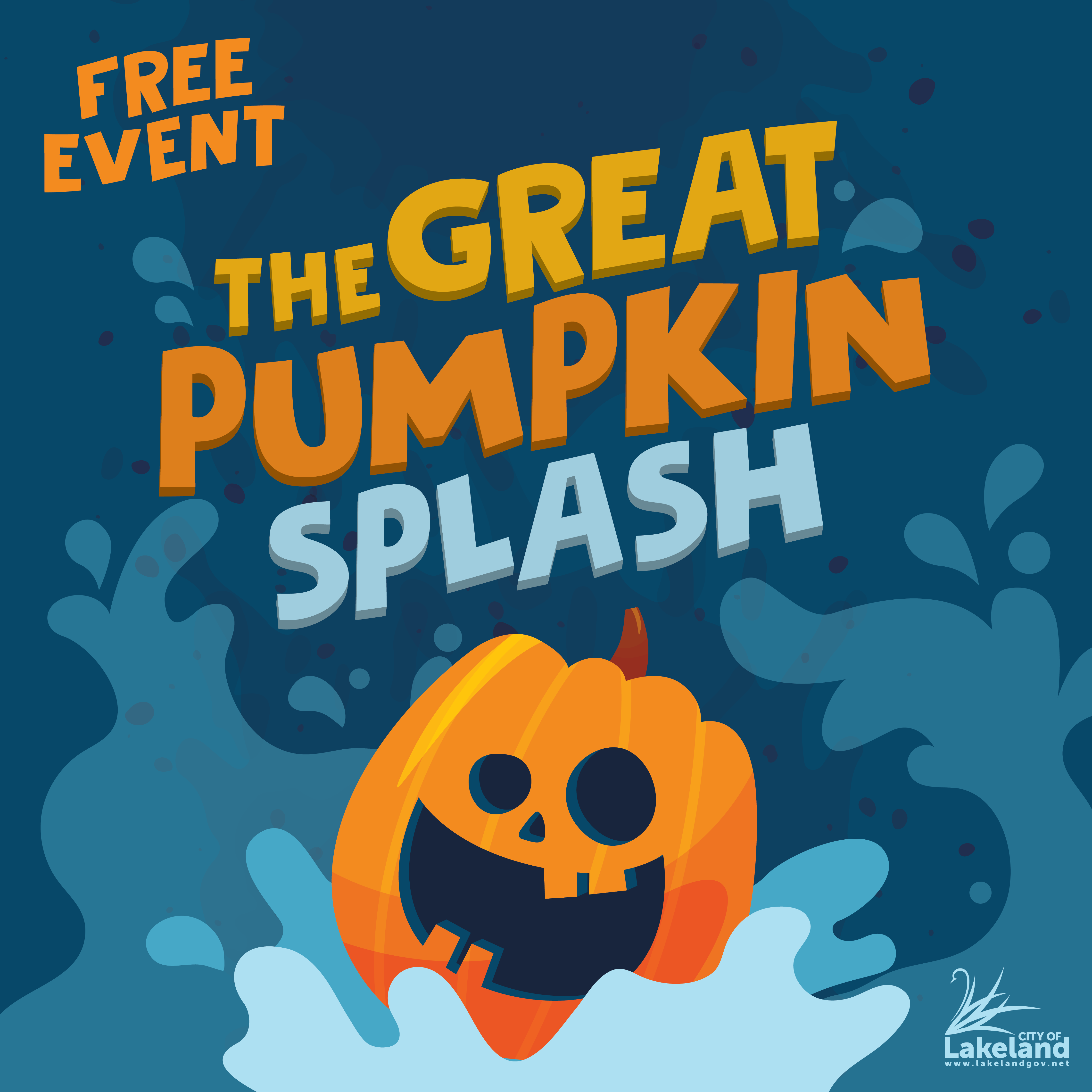 Text: The Great Pumpkin Splash Graphic: pumpkin splashing into the pool.