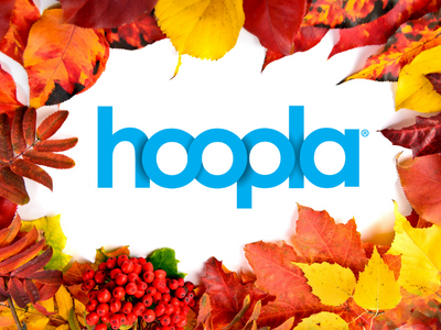 Hoopla logo surrounded by fall leaves with link to hoopla digital website